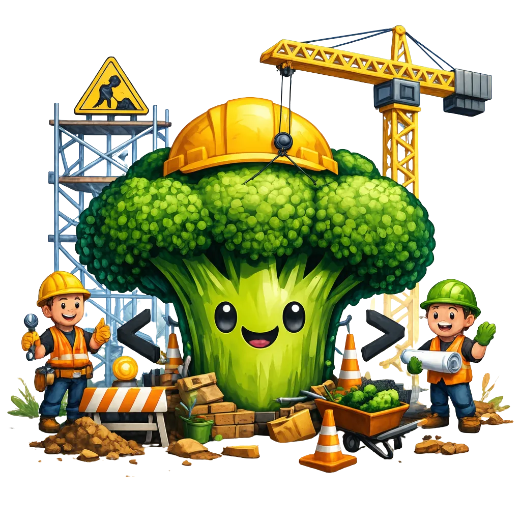 Brokode en construcción: un brócoli con casco y obreros